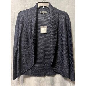 St John Knit Cardigan M Navy Metallic Open Front Shimmer Luxe Evening NWT